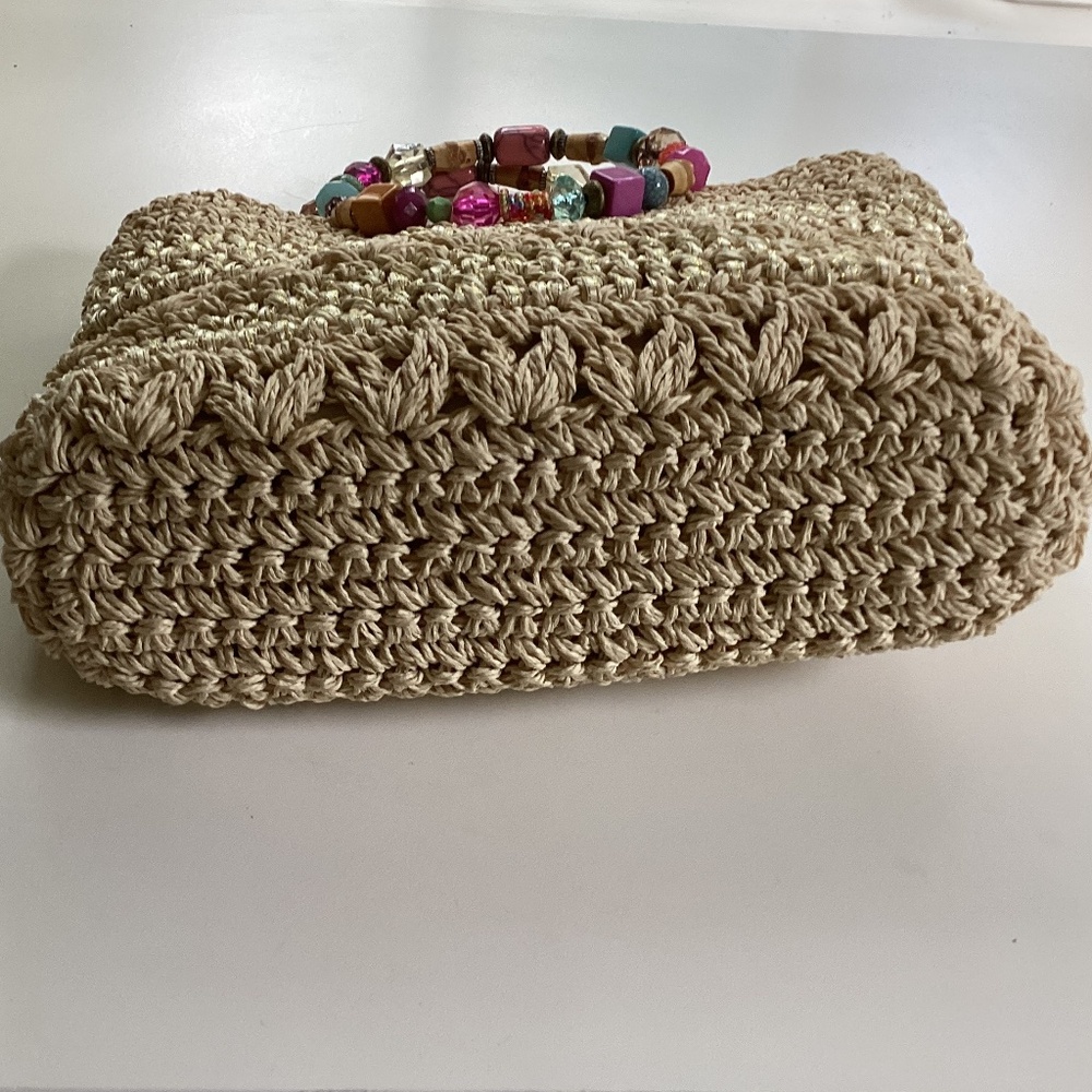 Cappelli Straworld Purse Handbag Round Beaded Jewel Handles Beige/Gold Lined - Picture 5 of 14